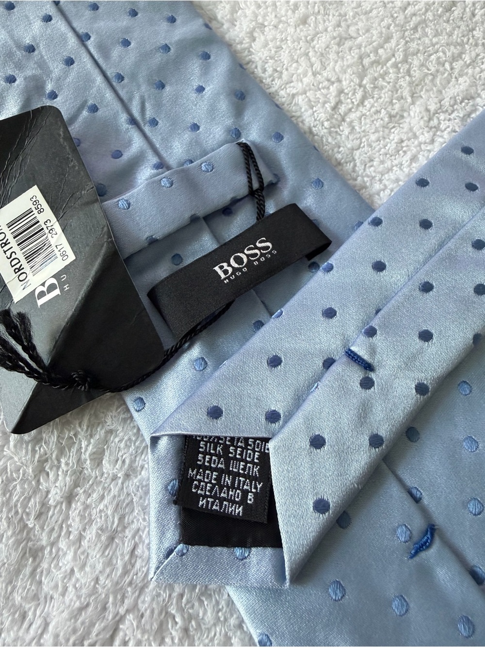 Boss Hugo Boss	Powder Blue Satin Polka Dot Stripes Unwron w/Tag Silk Tie Italy